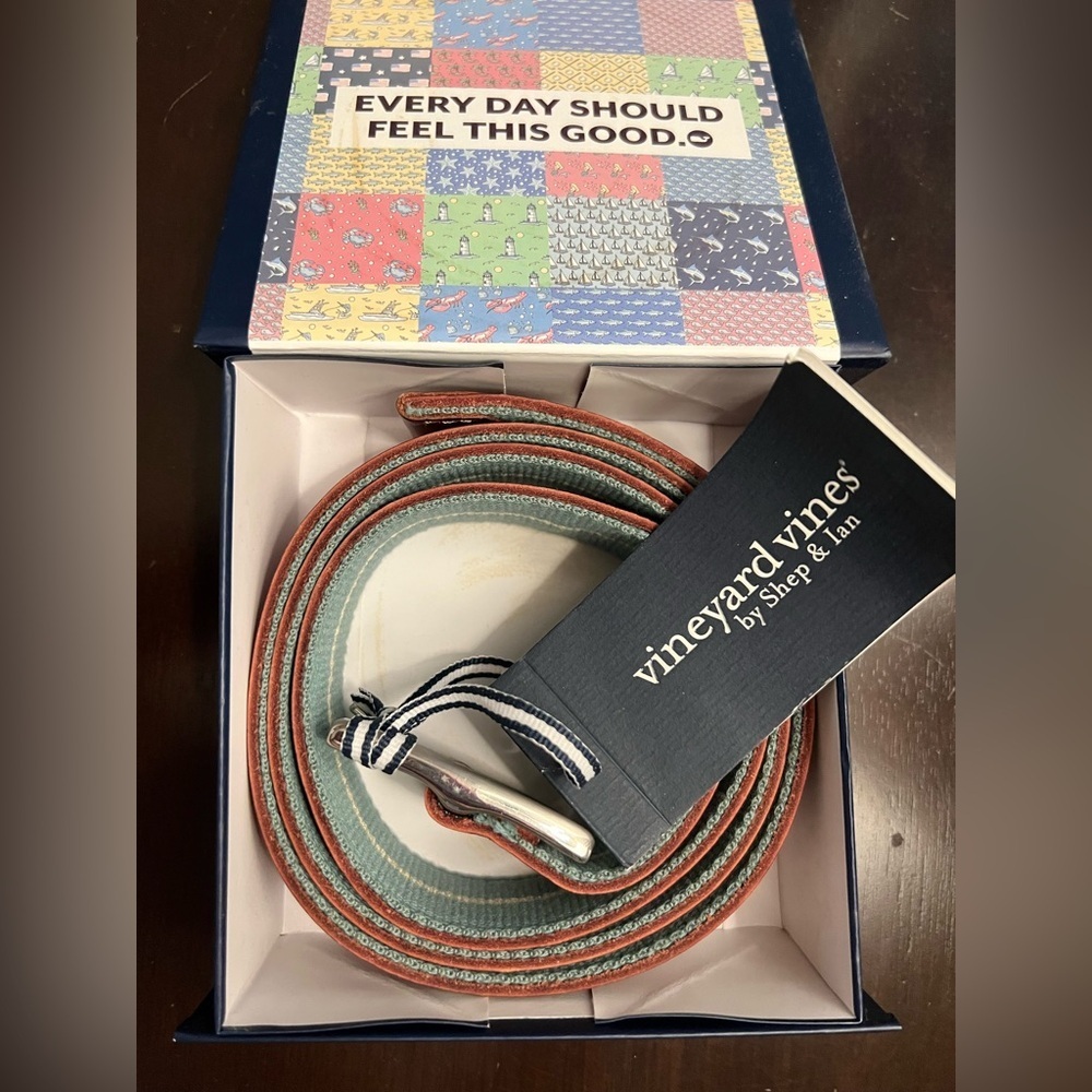 Vineyard Vines Striped Canvas Belt in Green, Coral, and Tan